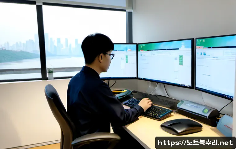 구리시 STATUS_KERNEL_RESOURCE_ERROR - Photorealistic IT support workstation in a modern Guri apartment office, dual monitors showing a cle...