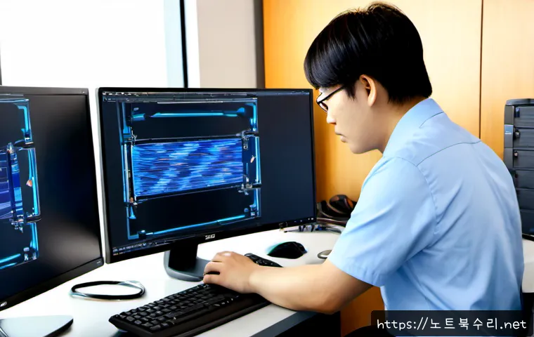 유동 DRIVER_PORTION_MUST_BE_NONPAGED - Photorealistic IT support workstation in a modern Seoul office, dual monitors showing an abstract bl...