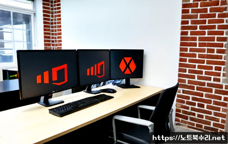 당인동 STATUS_FILE_INVALID - Photorealistic IT support workstation in a compact Dangin-dong creative office, dual monitors showin...