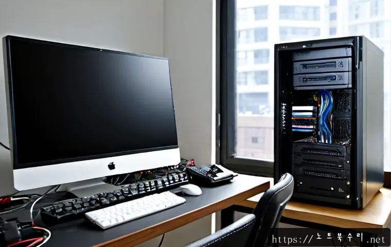 망원동 부팅안됨 - Photorealistic computer repair desk in a compact Mangwon-dong apartment studio, desktop tower open b...