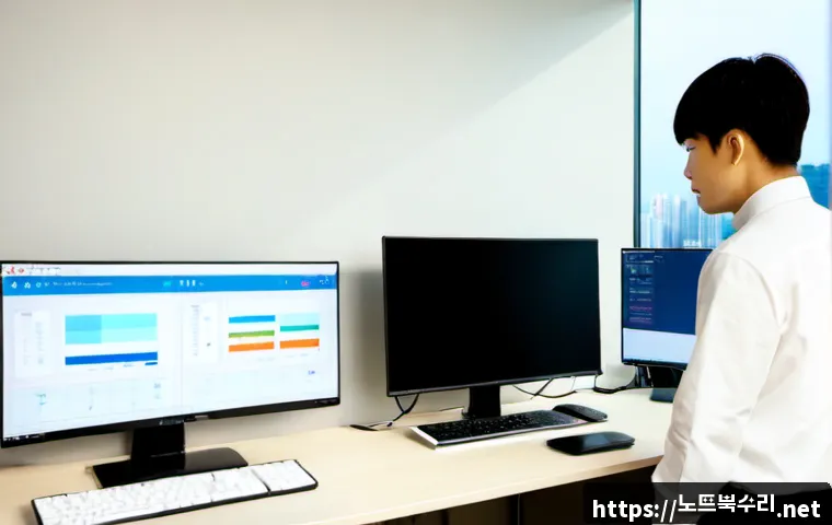 망포동 STATUS_MODULE_NOT_FOUND - Photorealistic remote IT support workstation in a modern Mangpo-dong apartment office, dual monitors...