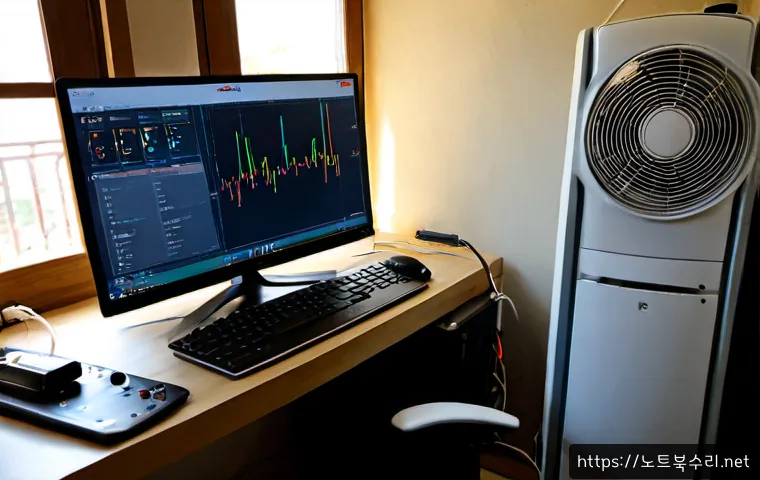필운동 팬돌다 멈춤 - Photorealistic remote-support workstation in a compact hillside apartment, desktop PC open beside a ...