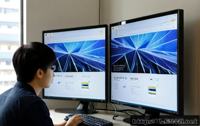 훈정동 SESSION3_INITIALIZATION_FAILED - Photorealistic IT support workstation in Hunjeong-dong, Seoul, dual monitors showing a frozen softwa...