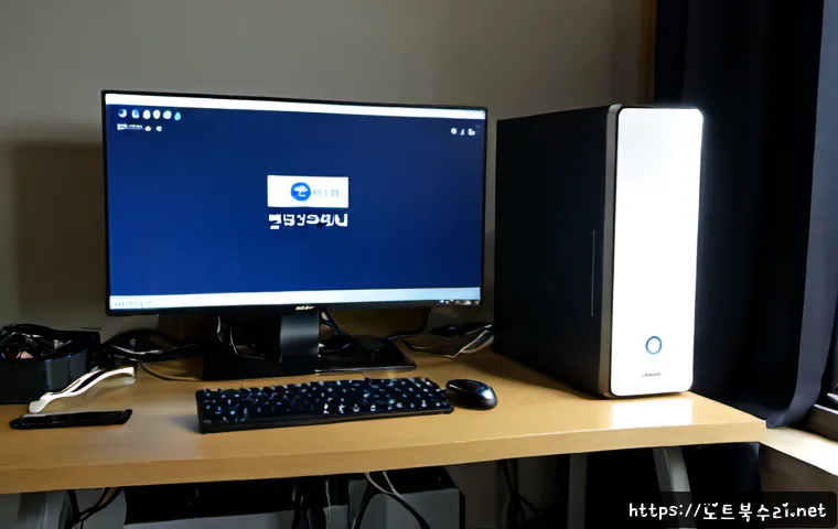 방학동 부팅안됨 - Photorealistic remote-support workstation in a modest Dobong-gu apartment, desktop monitor frozen on...