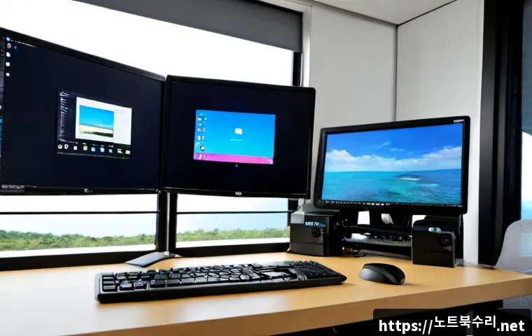 대천동 DEVICE_DRIVER_MISMATCH - Photorealistic IT support workstation in a compact Daecheon-dong office, dual monitors showing abstr...