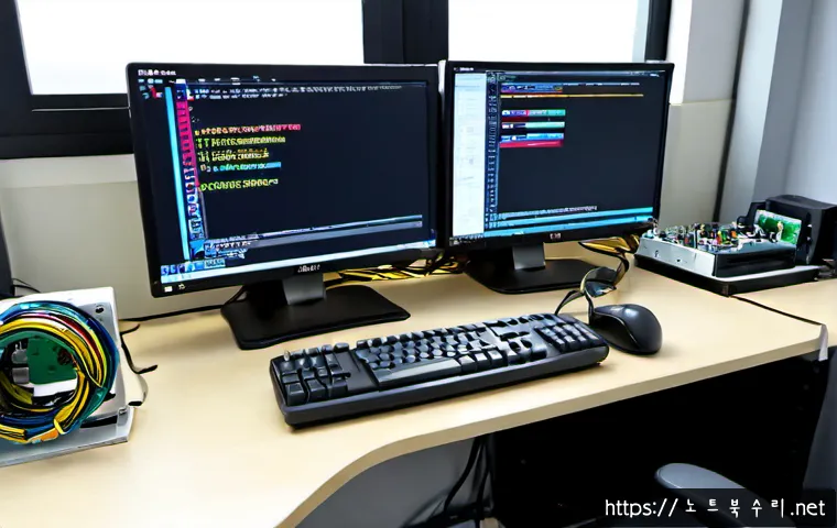 매화동 STATUS_DRIVER_ENTRYPOINT_NOT_FOUND - Photorealistic remote IT support workstation in a compact Maehwa-dong electronics repair office, des...