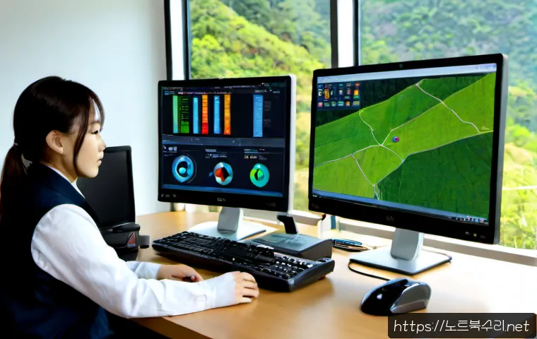 단월면 NDIS_INTERNAL_ERROR - Photorealistic remote-support workstation in a quiet rural Korean county office, dual monitors showi...