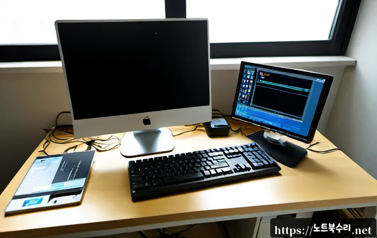 화산동 해킨토시 재설치 포맷  초기화 - Photorealistic computer repair workstation in a quiet Hwasan-dong apartment, sleek all-in-one deskto...
