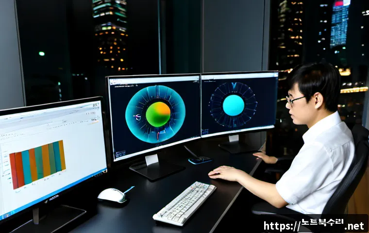 강남구 STATUS_KERNEL_MEMORY_LEAK - Photorealistic premium IT workstation in Gangnam, Seoul, dual monitors showing abstract system diagn...