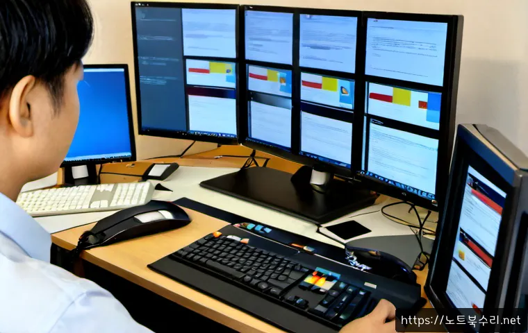 길상면 STATUS_FILE_CORRUPTION - Photorealistic remote-support workstation in a quiet coastal township office, dual monitors showing ...