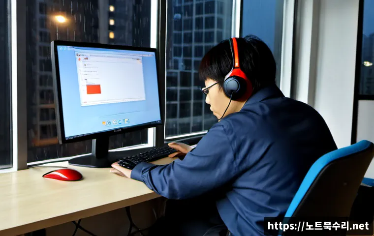 등촌동 STATUS_INVALID_PARAMETER - Photorealistic IT support workstation in Deungchon-dong, Seoul, desktop monitor showing a clean abst...