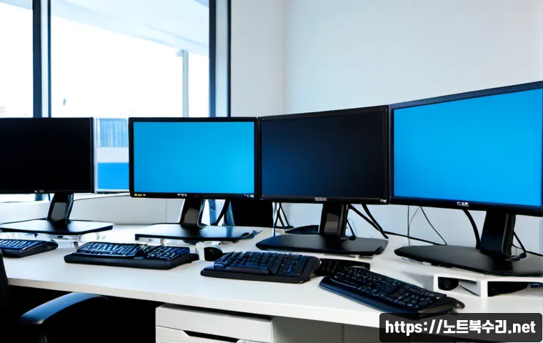 당동 pc에 문제가 발생하여 다시 시작해야 합니다 - Photorealistic IT support scene in a compact Dangdong office, desktop workstation showing a plain bl...