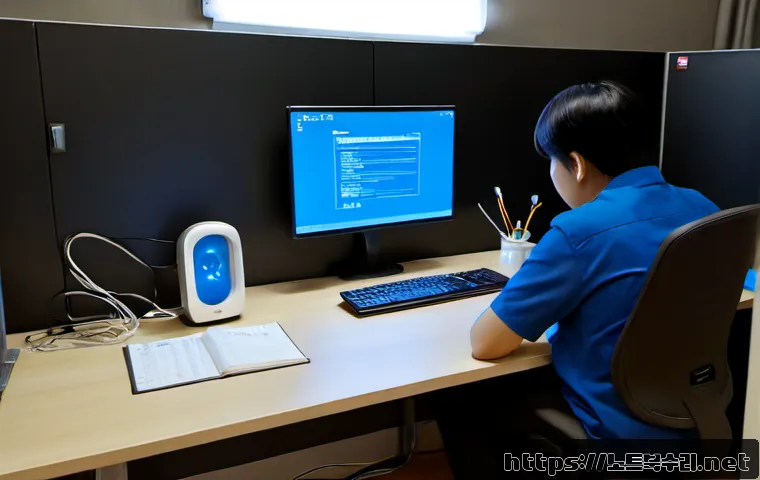 응암동 STATUS_KERNEL_SECURITY_CHECK - Photorealistic IT support workstation in a compact Eungam-dong apartment office, desktop monitor sho...