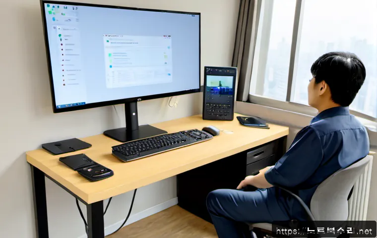 대야동 STATUS_DEVICE_OFFLINE - Photorealistic remote-support workstation in a compact Daeyadong apartment office, dual monitors sho...