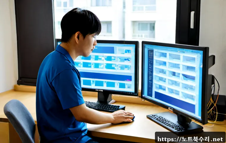 정발산동 SESSION_HAS_NO_PAGEFILE - Photorealistic IT support workstation in a quiet residential district near Jeongbalsan, dual monitor...