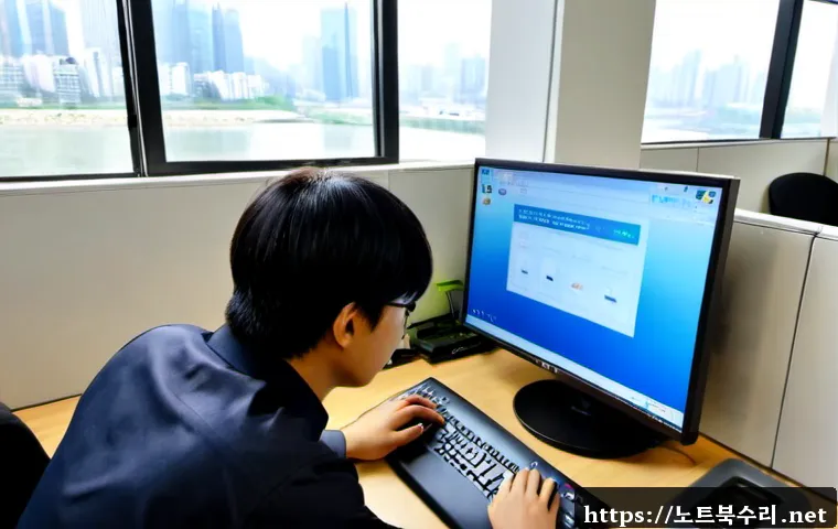 영등포구 STATUS_DEVICE_NOT_READY - Photorealistic remote-support workstation in Yeongdeungpo, Seoul, an IT technician examining a deskt...