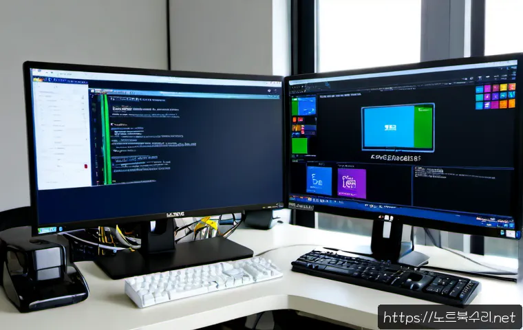 기흥동 SESSION_HAS_NO_PAGEFILE - Photorealistic IT support workstation in a modern Giheung-dong office, dual monitors showing a blank...