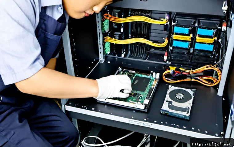 십정동 HDD조립 및 교체수리 - Photorealistic electronics repair bench in a compact Sipjeong-dong computer service workshop, techni...