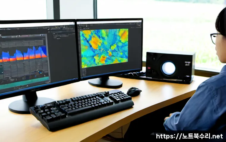 청산면 STATUS_IMAGE_CORRUPTION - Photorealistic remote-support workstation in a quiet rural Korean office, dual monitors showing a co...