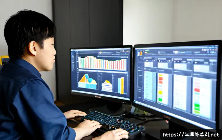 목현동 STATUS_KERNEL_MEMORY_LEAK - Photorealistic IT support workstation in a quiet hillside neighborhood office, dual monitors showing...