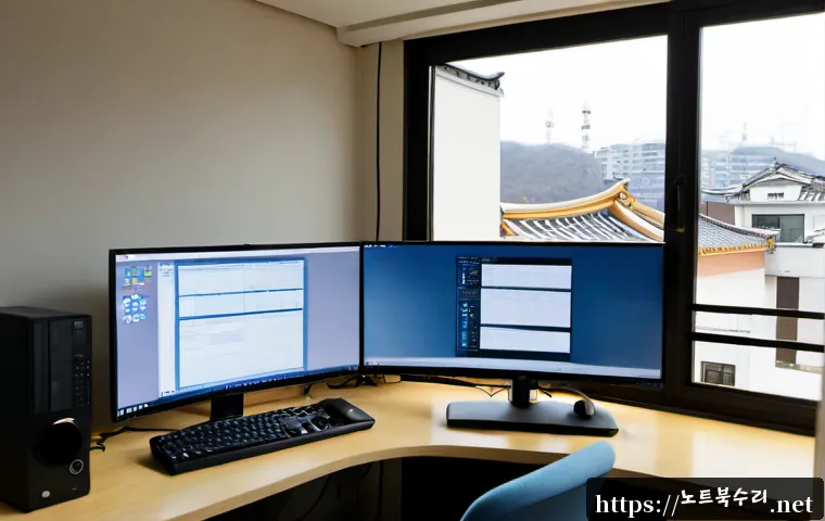 교북동 프리도스 윈도우설치 - Photorealistic remote support workstation in a compact Gyeobuk-dong apartment office, dual monitors ...