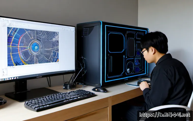 행신동 팬돌다 멈춤 - Photorealistic IT repair workstation in a compact apartment office, an open desktop computer with a ...