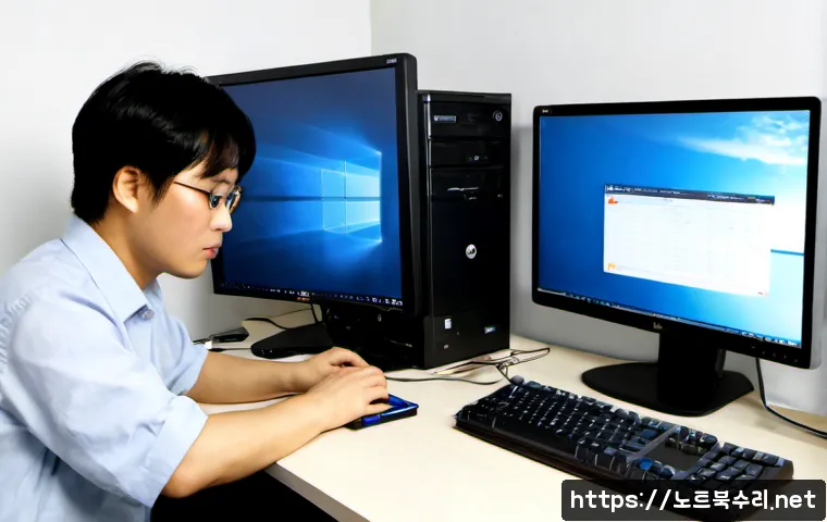 장사동 프리도스 윈도우설치 - Photorealistic PC repair workstation in a compact Jangsadong electronics office, technician installi...