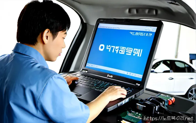 주자동 STATUS_DRIVER_ENTRYPOINT_NOT_FOUND - Photorealistic automotive diagnostic workstation, a technician using a sleek laptop beside a parked ...
