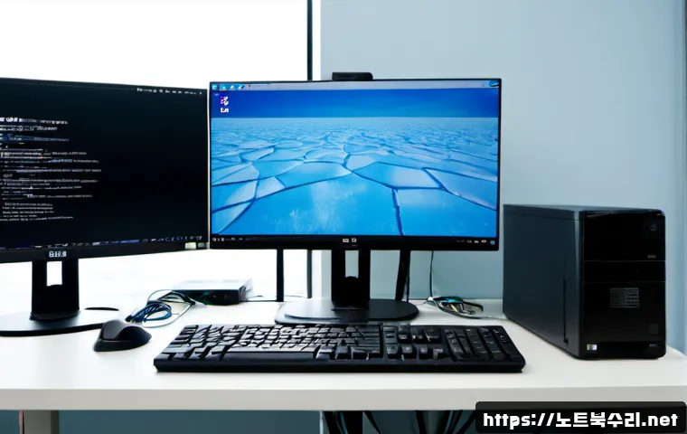 초동 DRIVER_POWER_STATE_FAILURE - Photorealistic IT support workstation in a compact Seoul office, dual monitors showing a frozen blue...