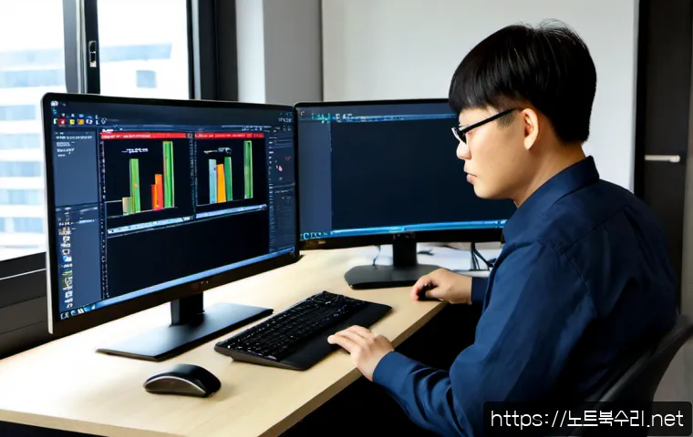 죽율동 STATUS_FILE_IN_USE - Photorealistic IT support workstation in a compact Jukyul-dong office, dual monitors showing a gener...