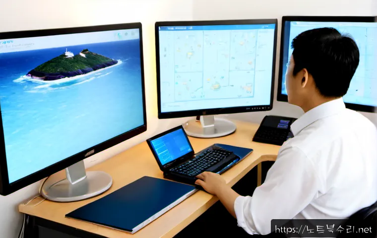 무의동 STATUS_PROTECTION_ERROR - Photorealistic remote-support workstation in a quiet coastal office near a Korean island ferry harbo...