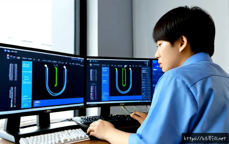 세류동 NDIS_INTERNAL_ERROR - Photorealistic IT support workstation in a compact Korean neighborhood office, dual monitors showing...