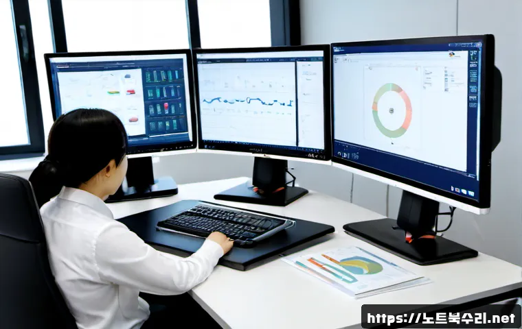 권선동 STATUS_STACK_UNDERFLOW - Photorealistic IT support workstation in a modern Korean office, dual monitors showing abstract 3D C...