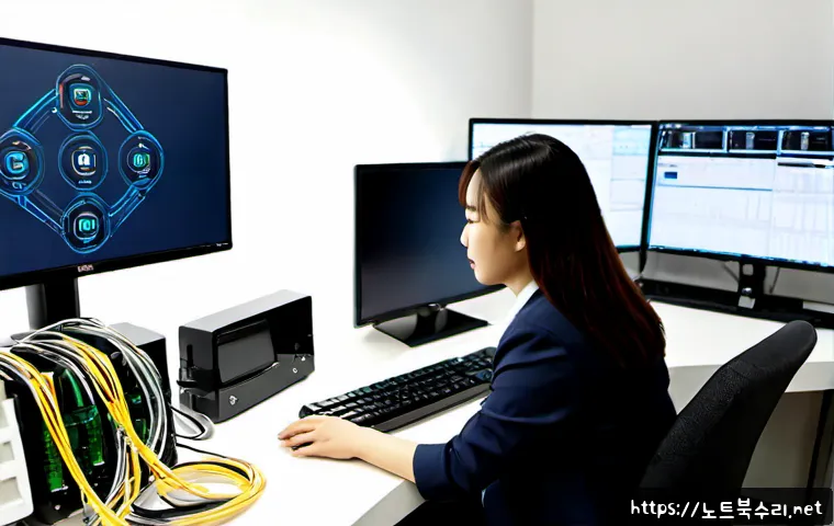 신길동 네트워크구축 설정 및 세팅오류해결 - Photorealistic compact office network setup in Singil-dong, technician connecting neatly labeled-fre...