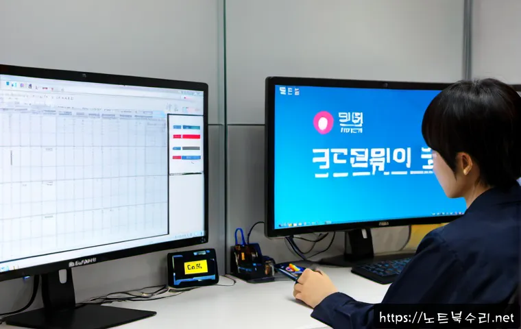 광정동 STATUS_KERNEL_PERMISSION_DENIED - Photorealistic IT support workstation in a compact Gwangjeong-dong office, dual monitors showing a s...