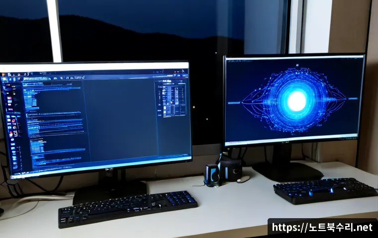 망우동 WATCHDOG_VIOLATION - Photorealistic IT support workstation in a compact Mangwoo-dong apartment office, dual monitors show...