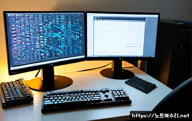 인창동 STATUS_STACK_UNDERFLOW - Photorealistic software engineer workstation in a quiet Inchang-dong apartment office, dual monitors...