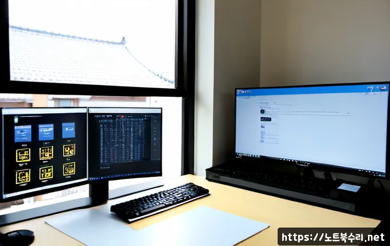 농서동 STATUS_INVALID_SESSION - Photorealistic IT support workstation in a modern low-rise neighborhood office, dual monitors showin...