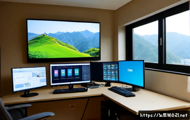 후암동 입력신호가 없습니다 - Photorealistic remote-support workstation in a compact Huam-dong apartment office, dual monitors wit...