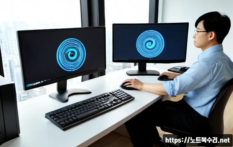 고림동 STATUS_KERNEL_PERMISSION_DENIED - Photorealistic IT support workstation in a modern Gorym-dong apartment office, dual monitors display...