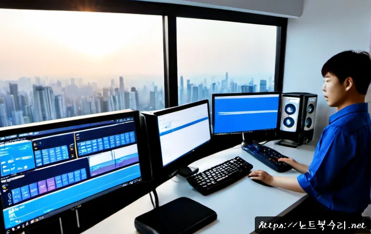 고덕동 STATUS_PAGE_FAULT - Photorealistic remote IT support workstation in a modern Godeok-dong apartment office, ultrawide mon...