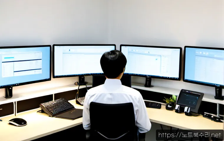 이문동 REGISTRY_ERROR - Photorealistic IT support workstation in a compact Imun-dong office, dual monitors showing abstract ...