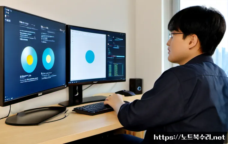 세곡동 CDFS_FILE_SYSTEM - Photorealistic IT support workstation in a modern Segok-dong home office, dual monitors showing abst...