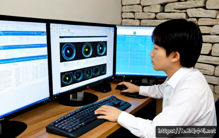 정동 STATUS_KERNEL_POWER_FAILURE - Photorealistic IT support workstation in a quiet Jeong-dong office, dual monitors showing abstract C...