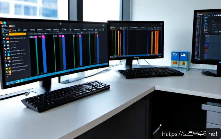 문정동 FAT_FILE_SYSTEM - Photorealistic IT support workstation in a modern glass-office district, dual monitors showing a tex...