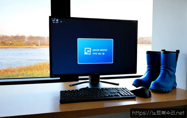 와부읍 UNMOUNTABLE_BOOT_VOLUME - Photorealistic IT support workstation in a modern Wabu-eup office near a quiet riverside apartment d...