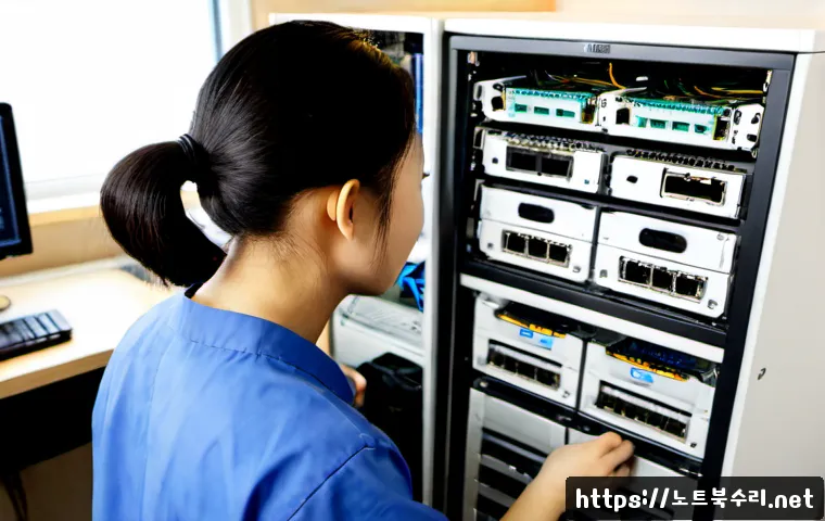 매교동 서버출장방문수리점 - Photorealistic server field technician repairing a compact rack server in a tidy Maegyo-dong small-b...