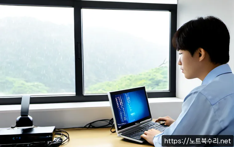 화양동 STATUS_MEMORY_VIOLATION - Photorealistic IT support workstation in a compact Hwayang-dong apartment office, dual monitors show...