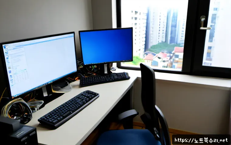 무지내동 PAGE_TABLE_CORRUPT - Photorealistic IT support workstation in a quiet Korean apartment-office district, dual monitors sho...