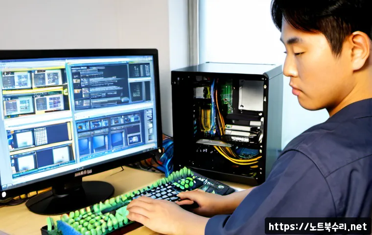 퇴촌면 VGA조립 및 교체수리 - Photorealistic computer repair workstation in a quiet semi-rural Korean township, technician install...